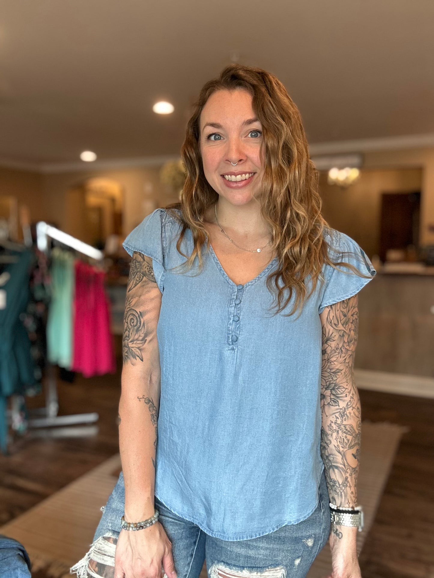 Chambray Ruffle Sleeve Button Blouse