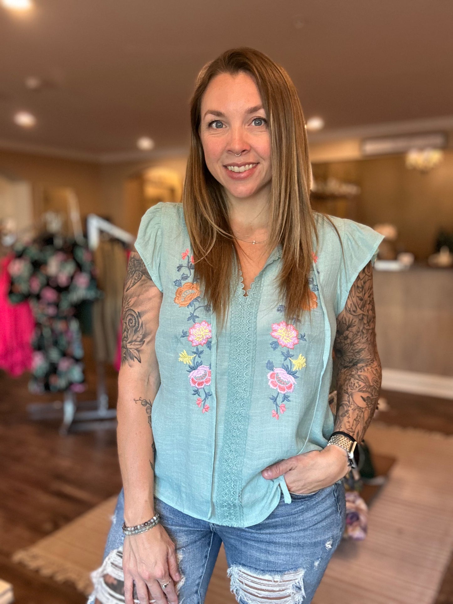 Mint Floral Embroidery Blouse