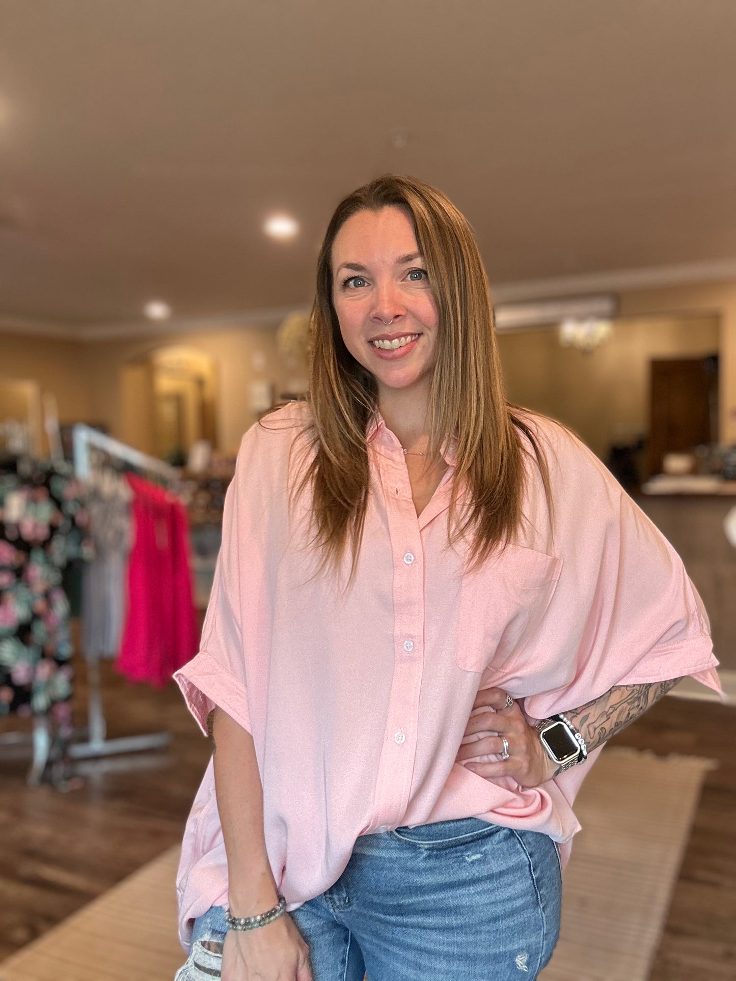 Blush Pocketed Button Down