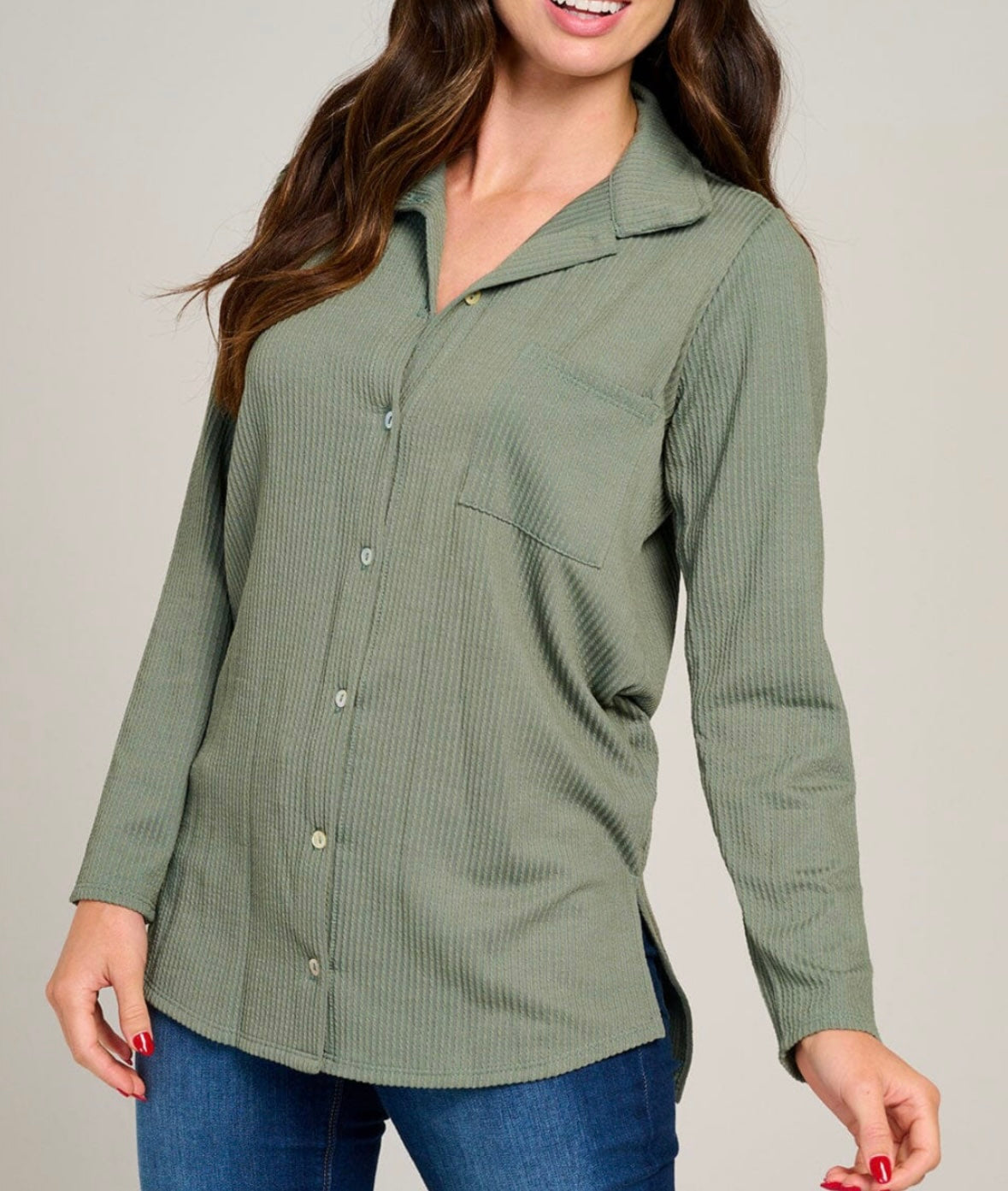 Sage Ribbed Button Up