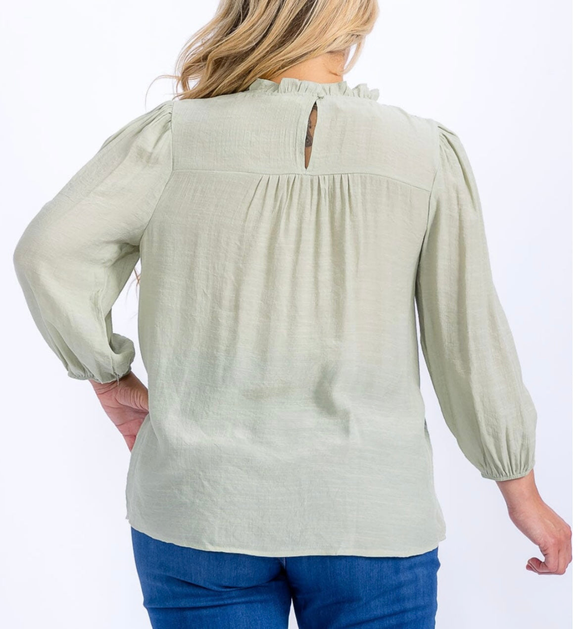 Curvy Sage Lace Detailed Blouse
