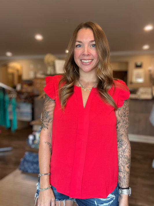 Red Ruffle Sleeve Blouse