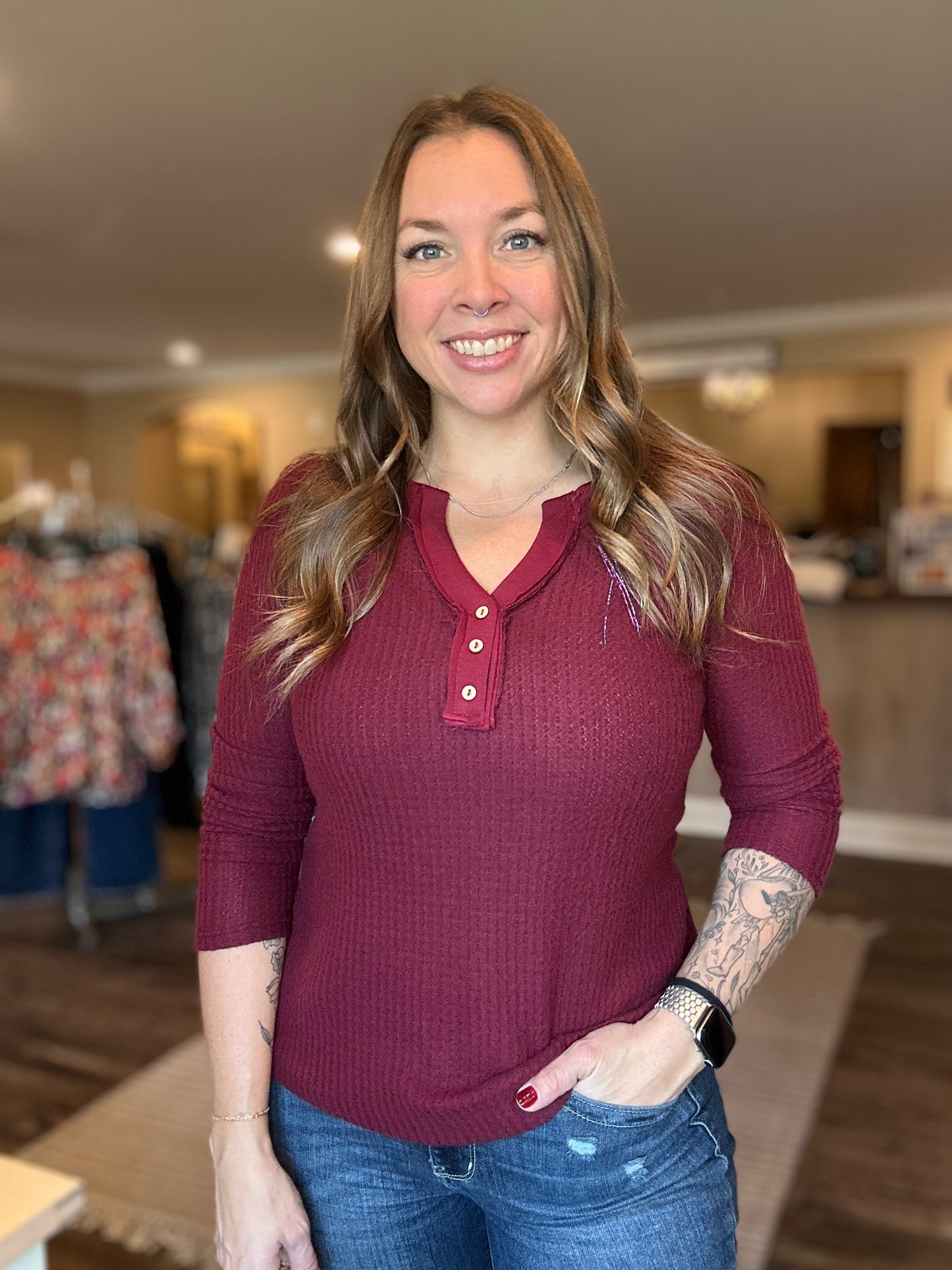 Burgundy Waffle Button Top