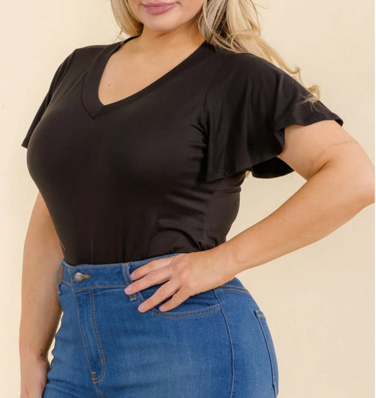 Curvy Black Flutter Sleeve Bodysuit