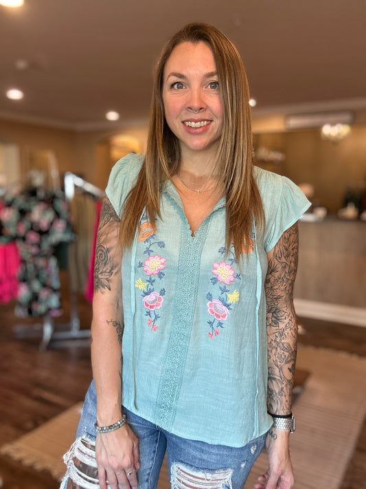 Mint Floral Embroidery Blouse *ALL SALES FINAL*