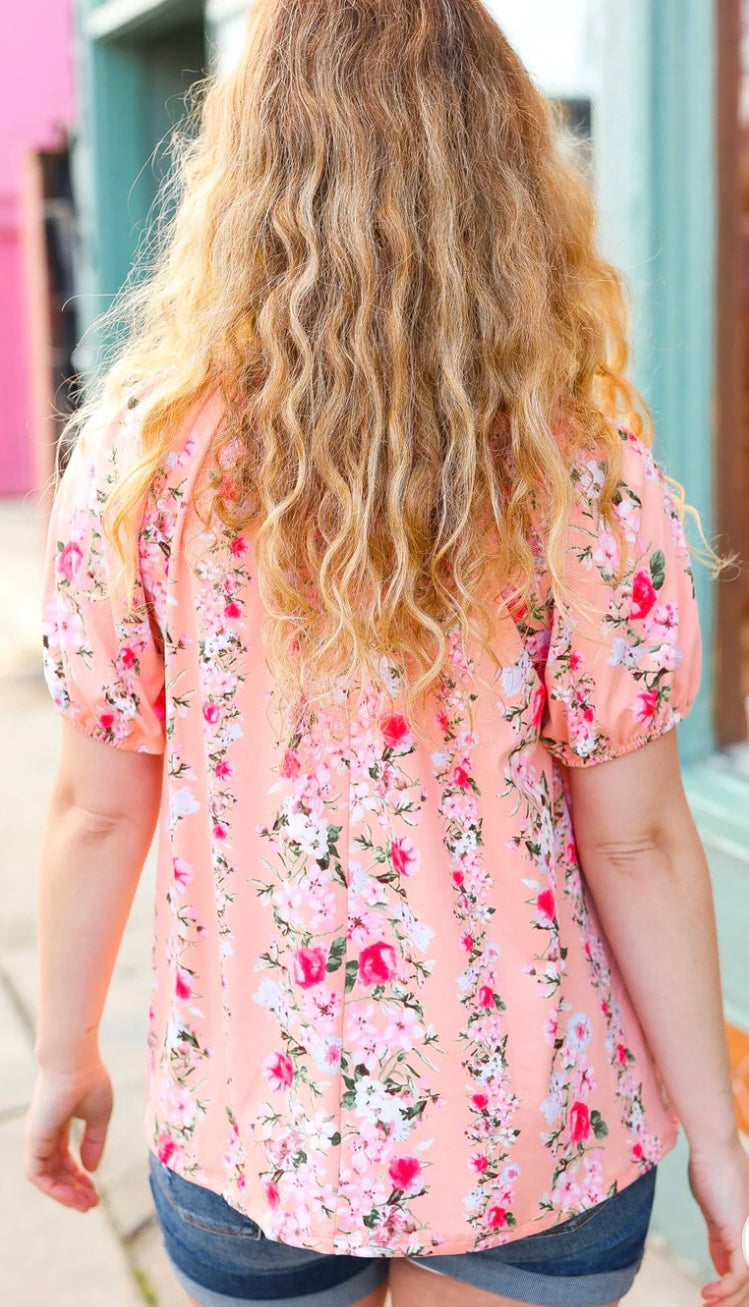 Peach Floral Keyhole Top *ALL SALES FINAL*