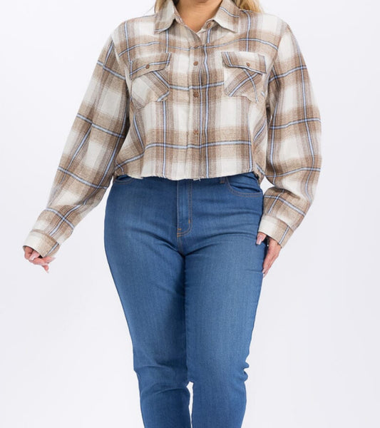 Curvy Cropped Plaid Button Up