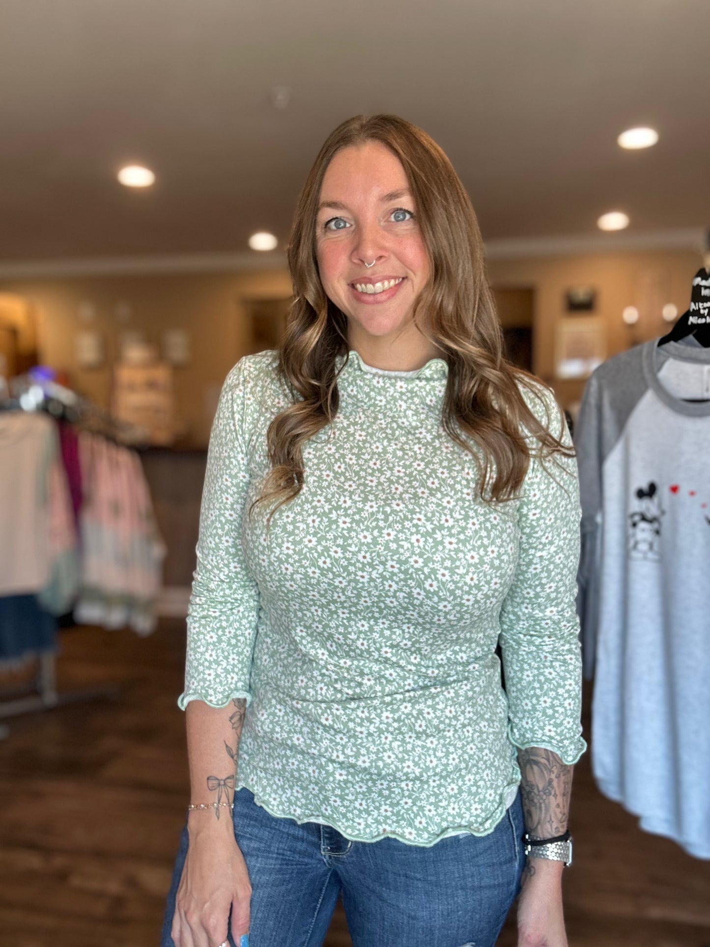 Sage Floral Mock Neck Top