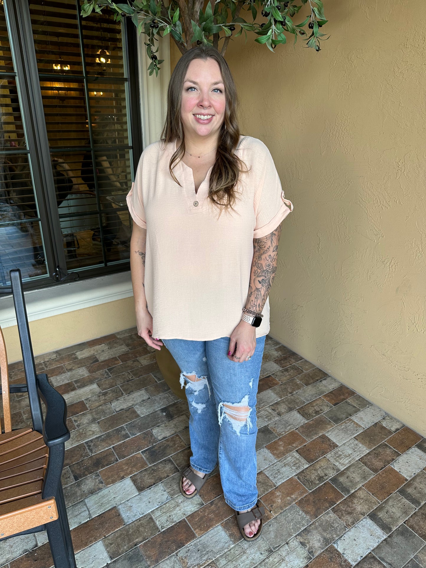 Peach Cuffed Sleeve Button Detail Top