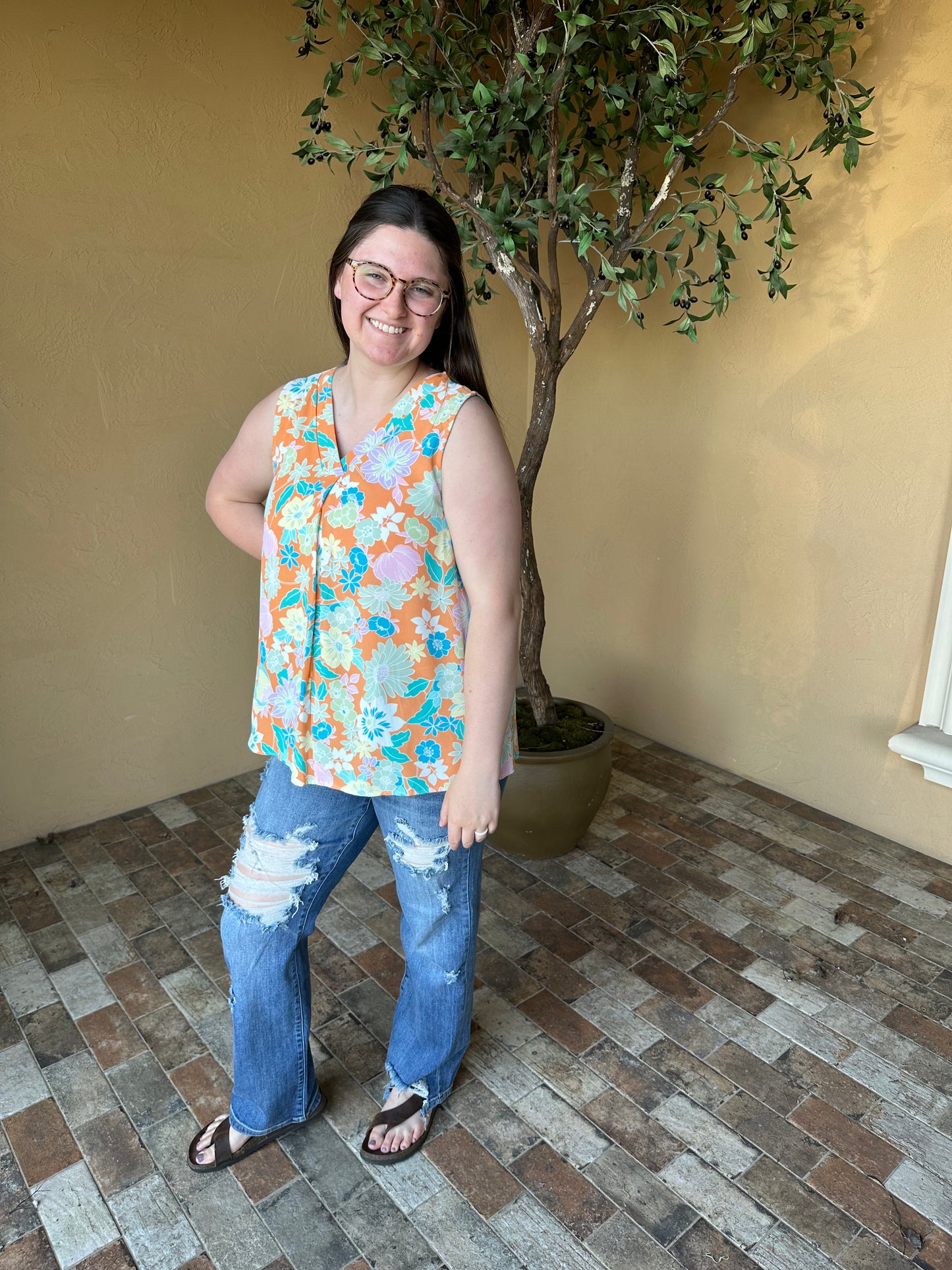 Retro Tangerine Floral Sleeveless Top *ALL SALES FINAL*