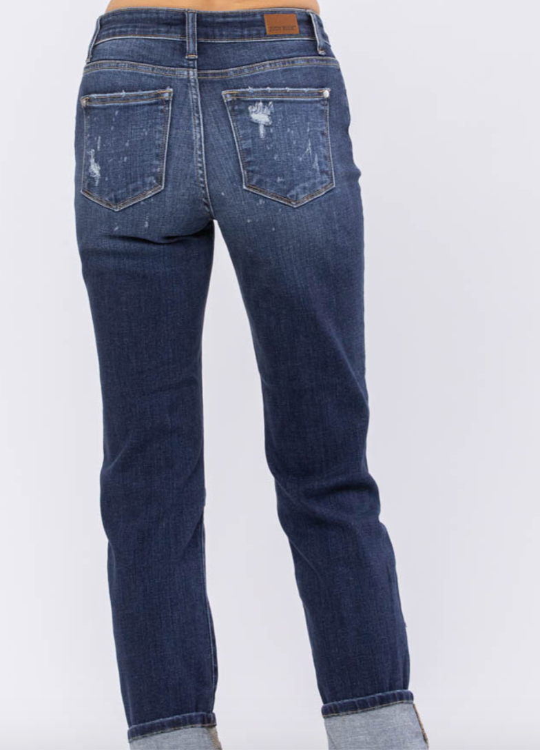back view - Distressed. Dark Wash. Stretchy Comfort.