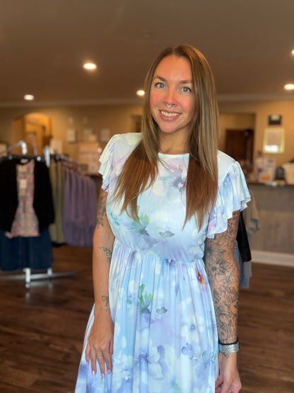 Blue Watercolor Floral Midi Dress