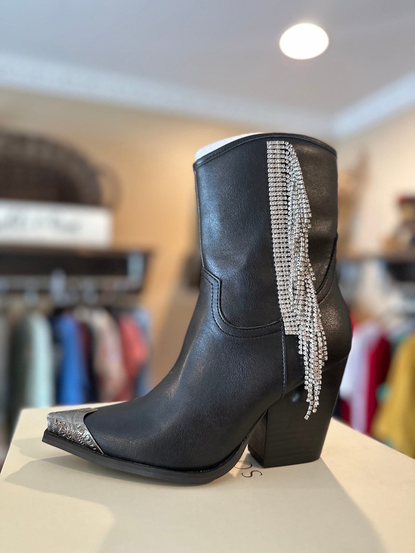 Black Rhinestone Fringe Boot