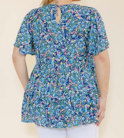 Curvy Blue Ditsy Floral Blouse