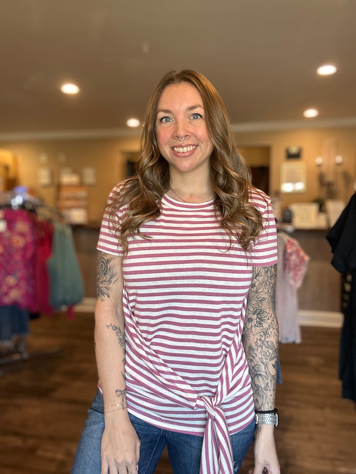 Mauve Striped Tie Front Top