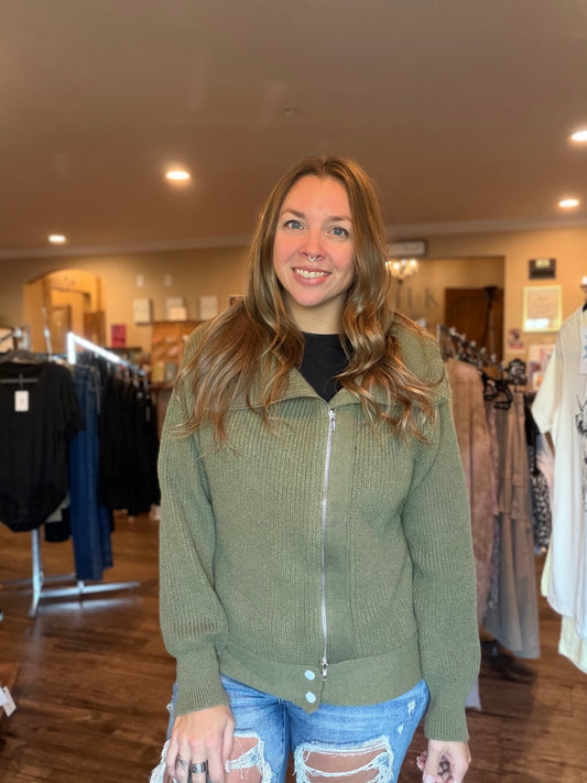 Olive Ribbed Zip Up Sweater Jacket