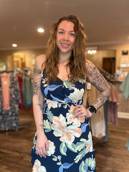 Navy Floral Side Slit Maxi Dress