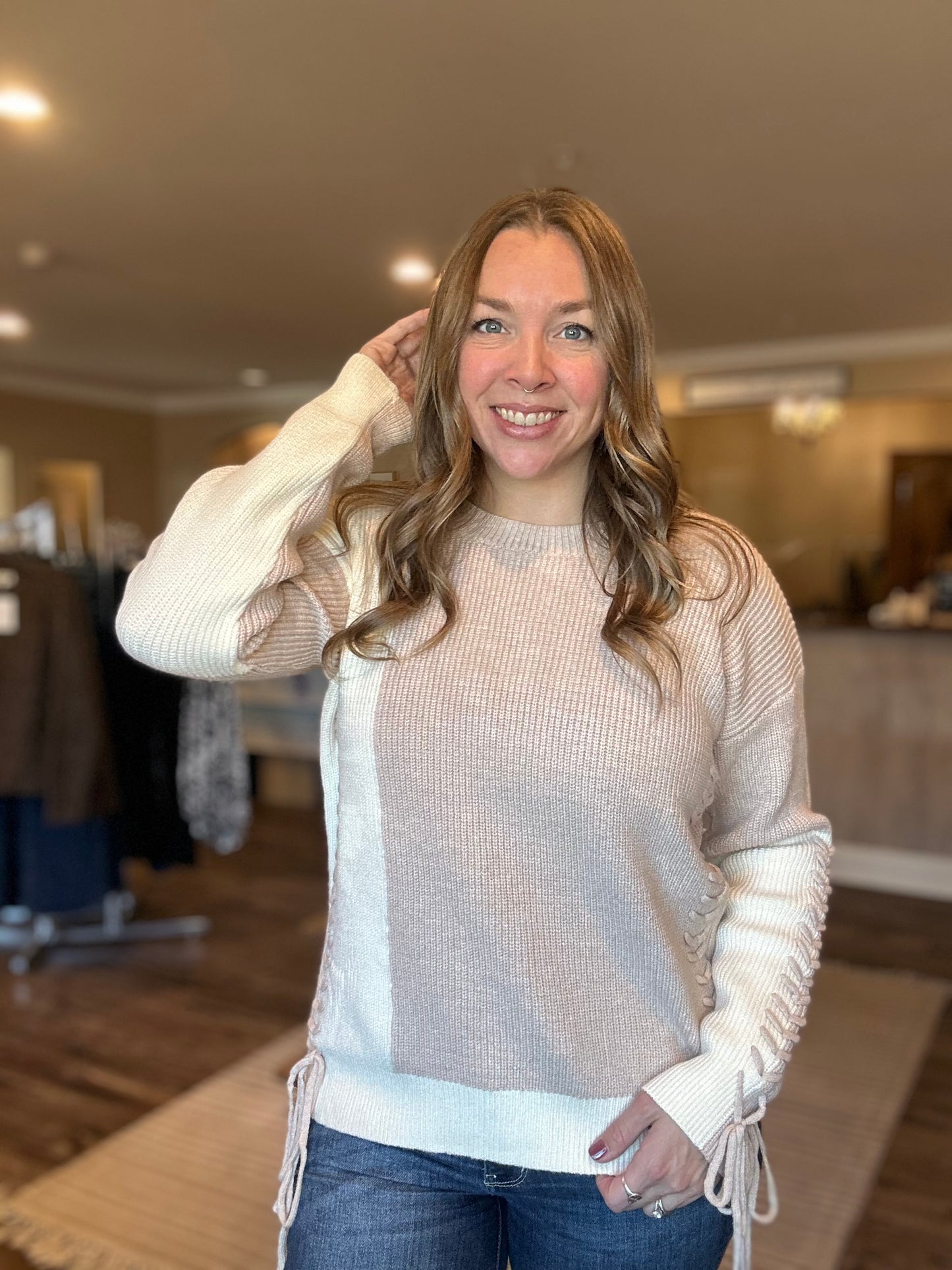 Taupe & Cream Detailed Colorblock Sweater