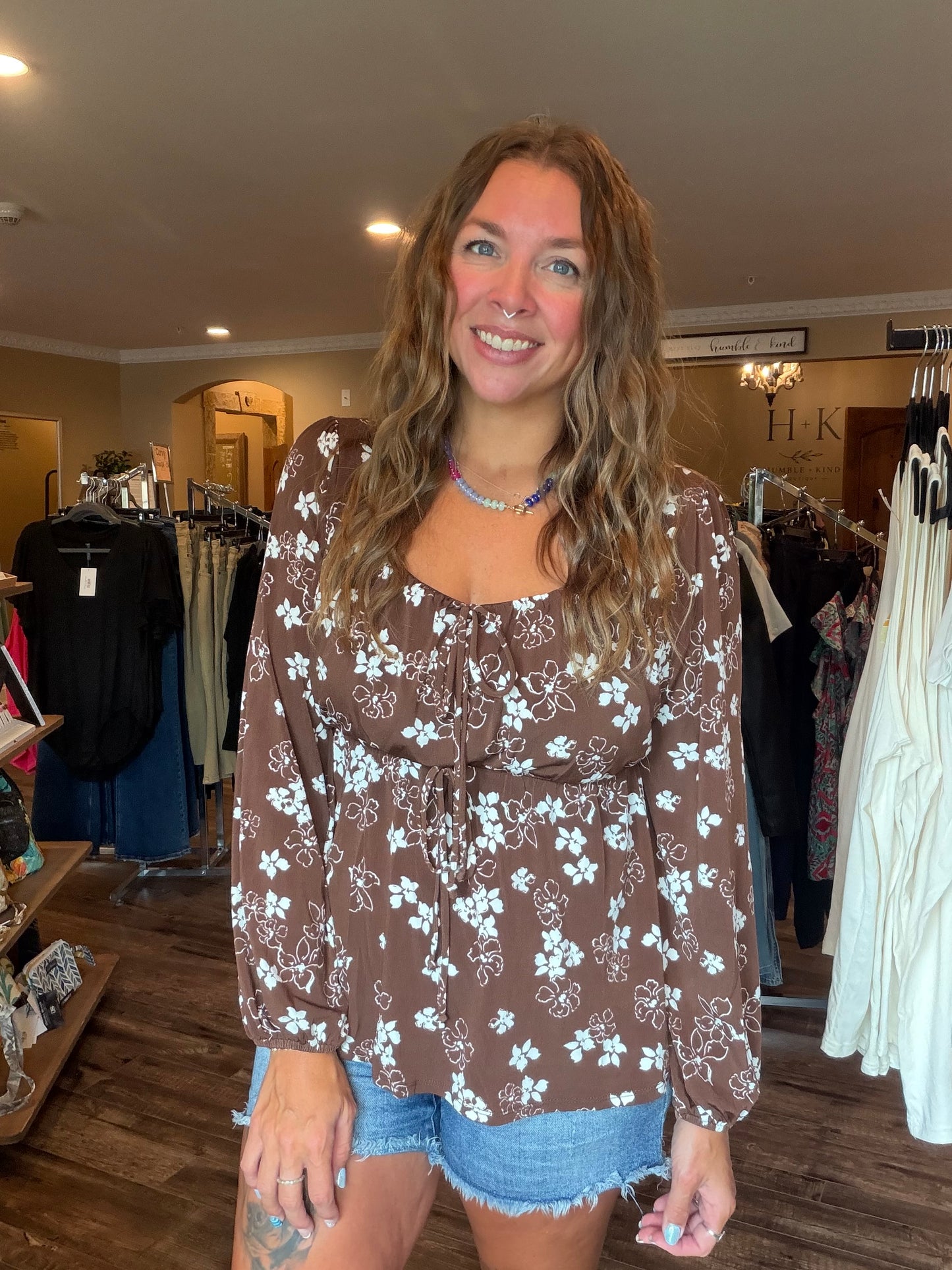 Brown Floral Babydoll Blouse