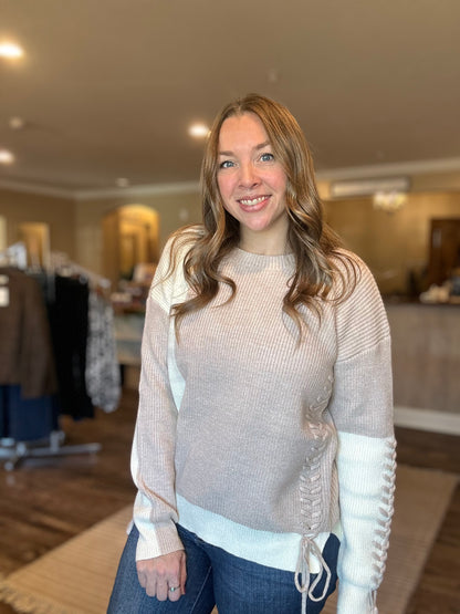 Taupe & Cream Detailed Colorblock Sweater