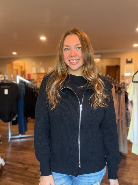 Black Ribbed Zip Up Sweater Jacket