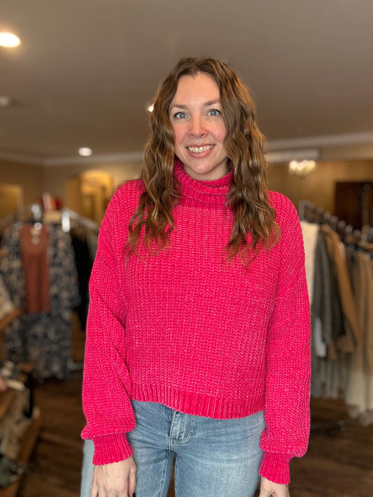 Hot Pink Chenille Turtleneck Sweater