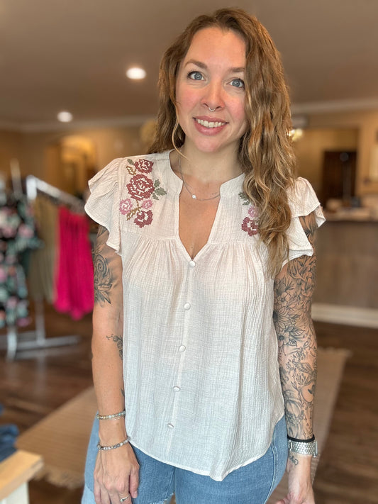 Khaki Floral Embroidered Top