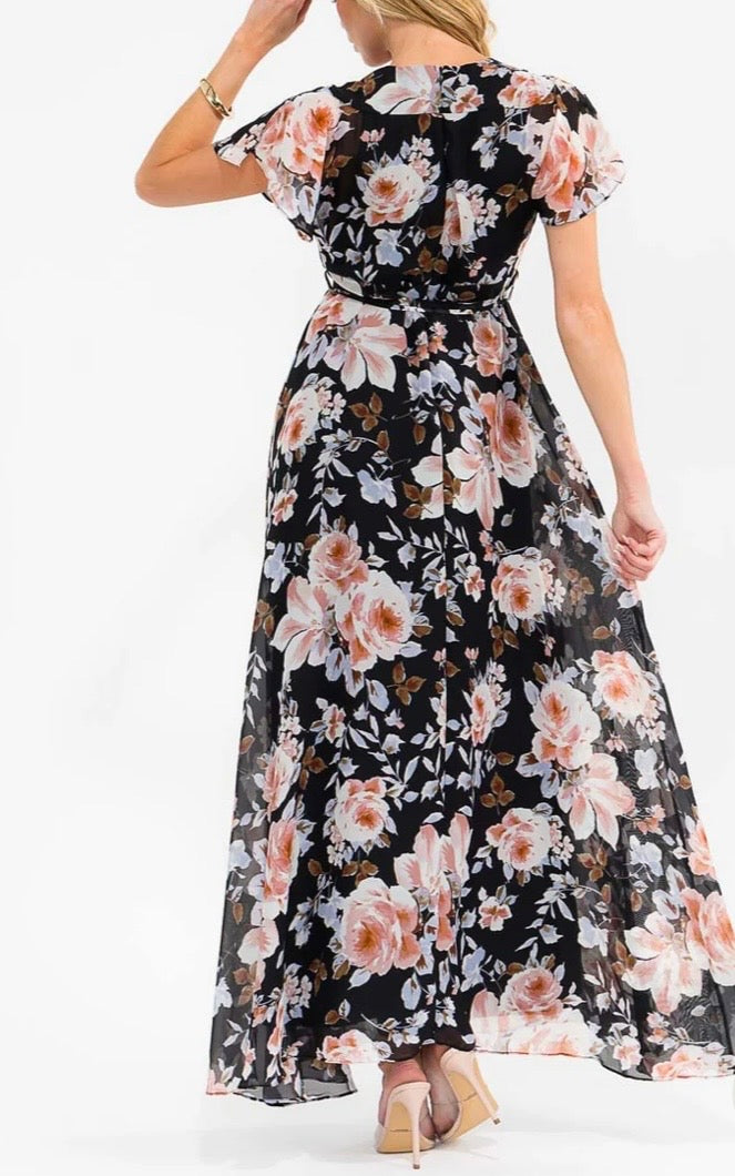 Classic Black Floral Flutter Sleeve Maxi Dress