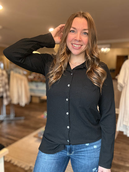 Black Ribbed Button Up