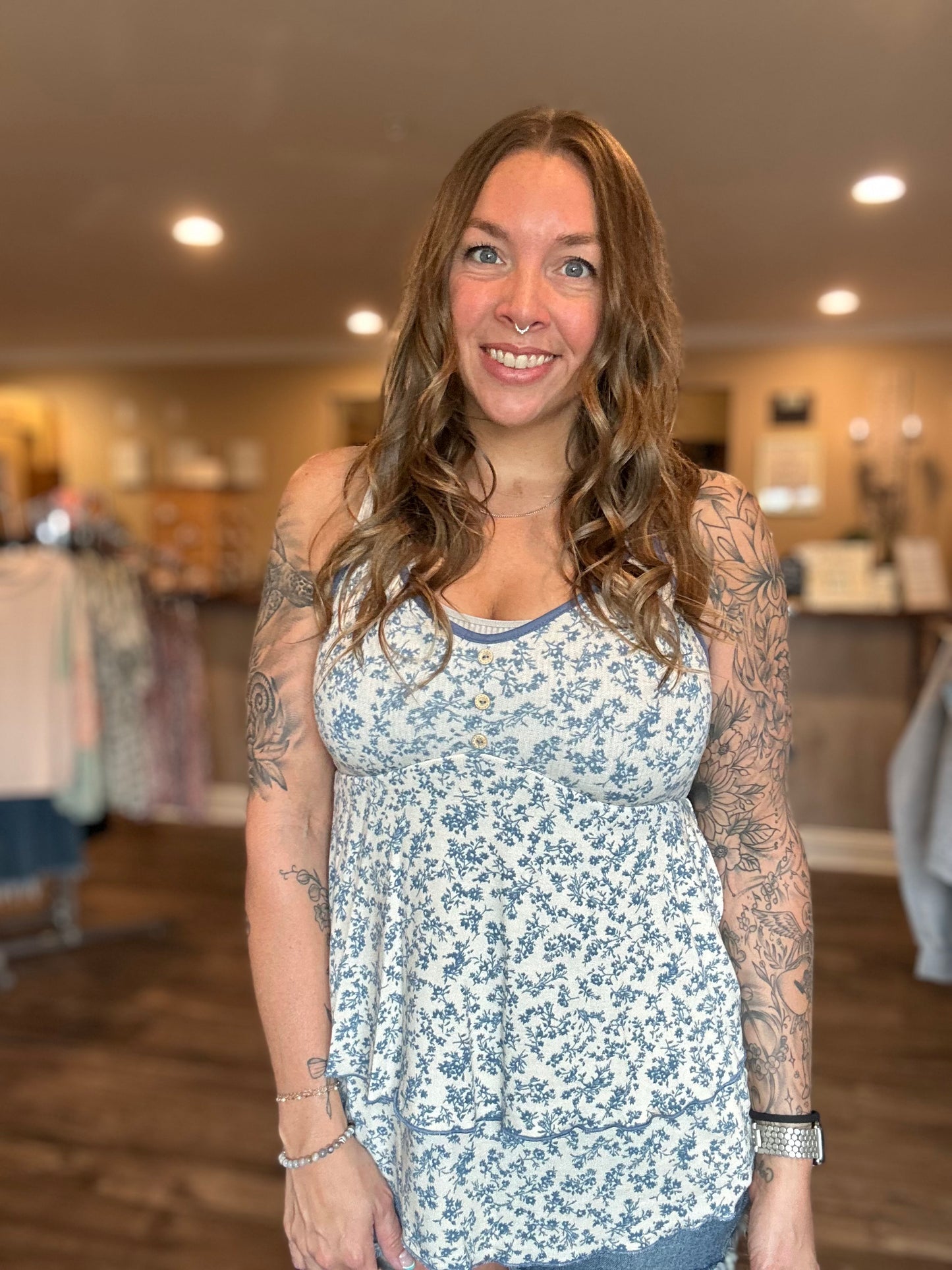 Navy Floral Ruffle Tank