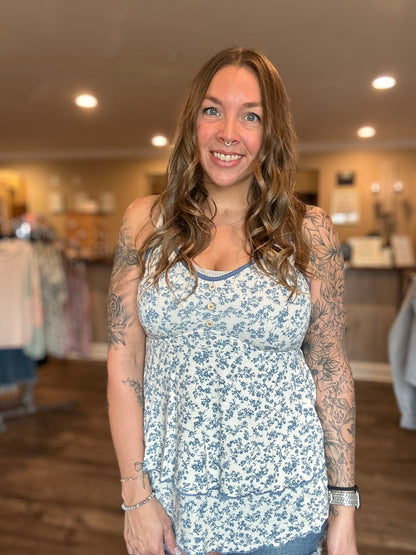 Navy Floral Ruffle Tank