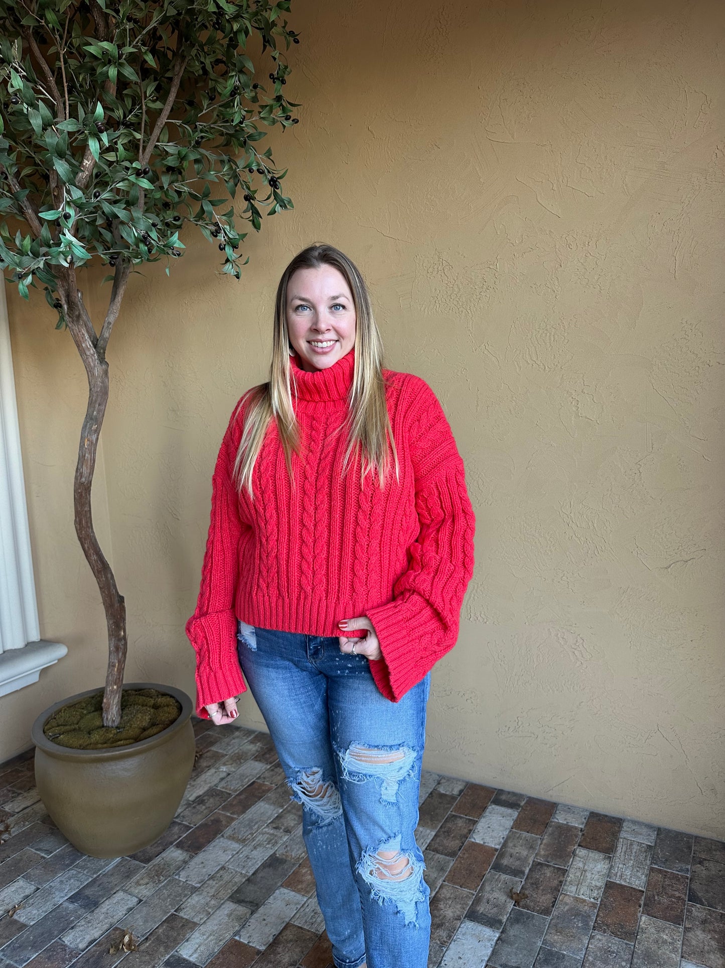 Red Cable Knit Mid Sweater