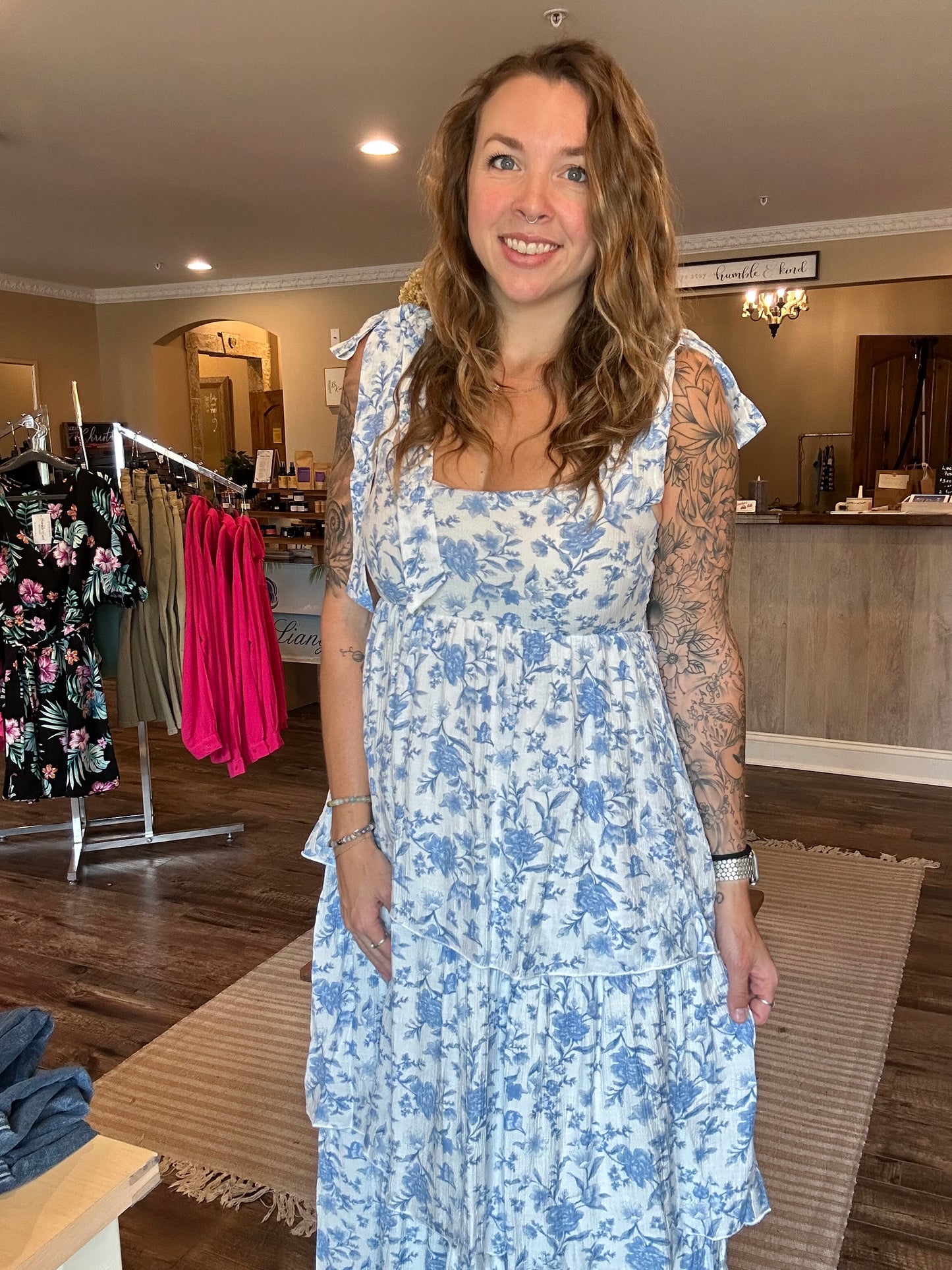 Blue Floral Tiered Midi Dress