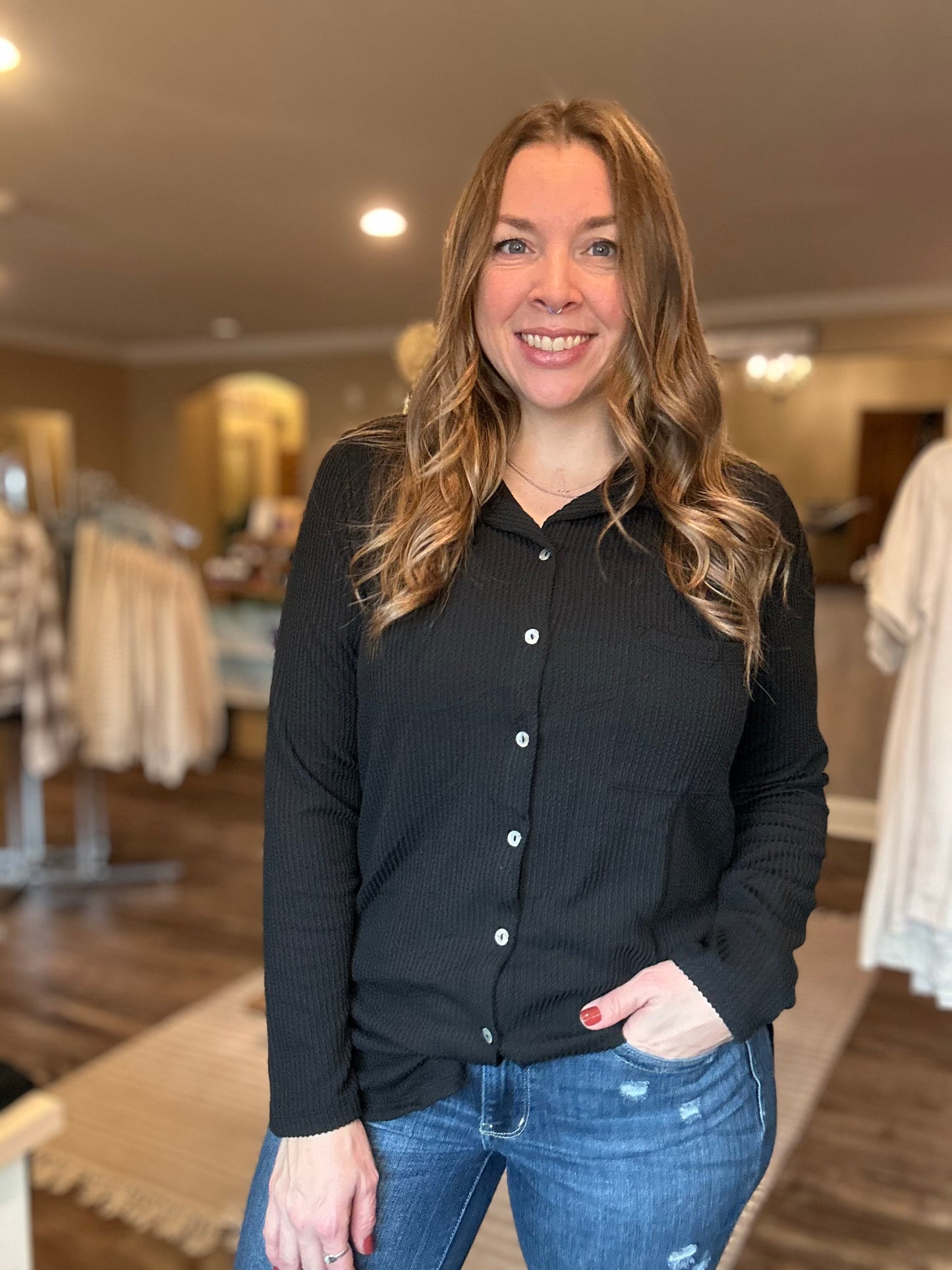 Black Ribbed Button Up