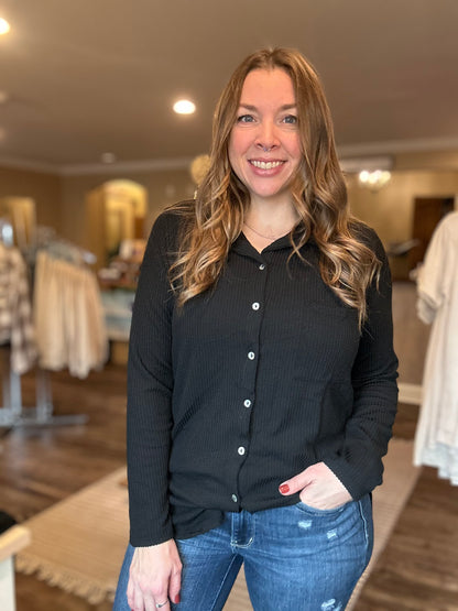 Black Ribbed Button Up