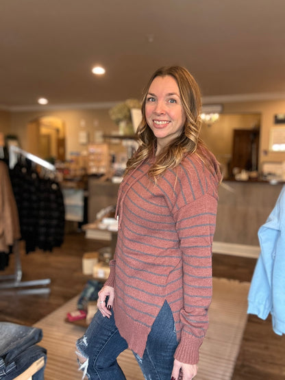 Rust & Blue Striped Hooded Top