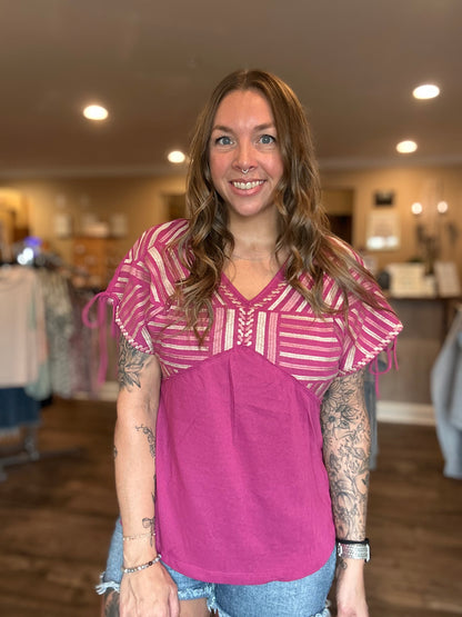 Mauve Striped Yoke VNeck Top