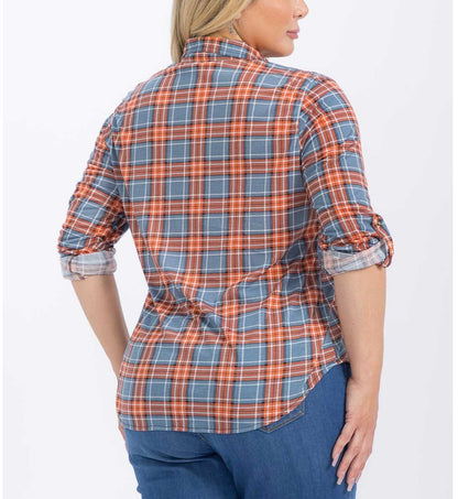 Curvy 3/4 Orange & Blue Plaid Top