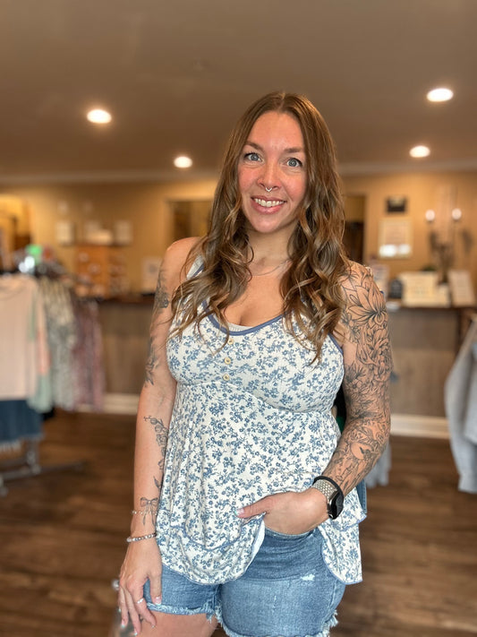 Navy Floral Ruffle Tank