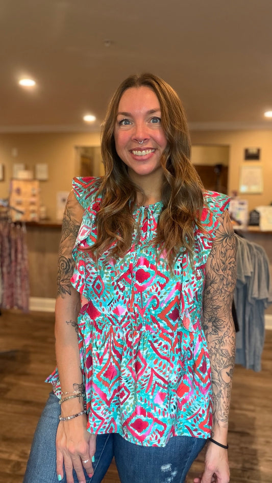 Blue & Fuchsia Print Blouse