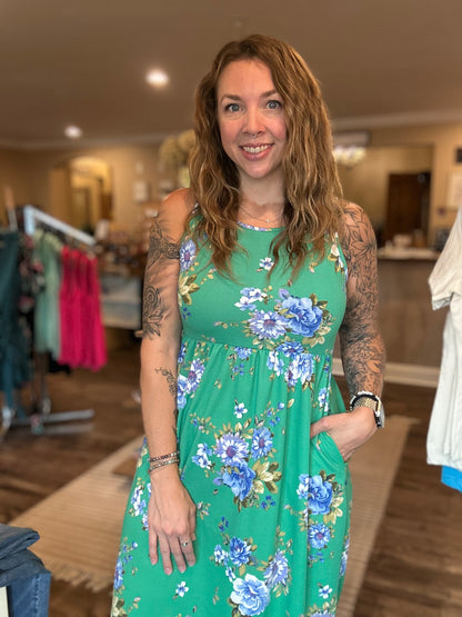 Green Floral Pocketed Dress