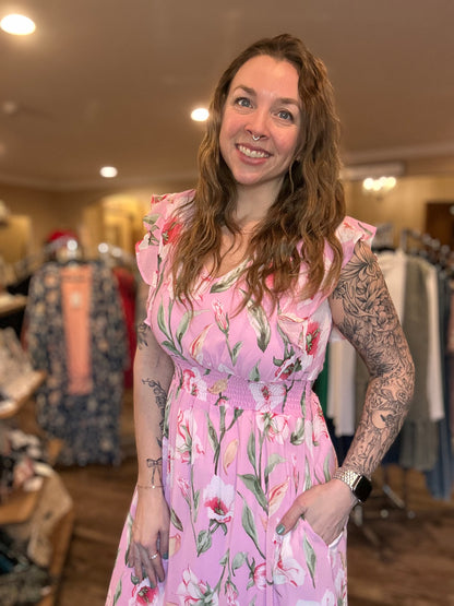Pink Floral Pocketed Midi Dress