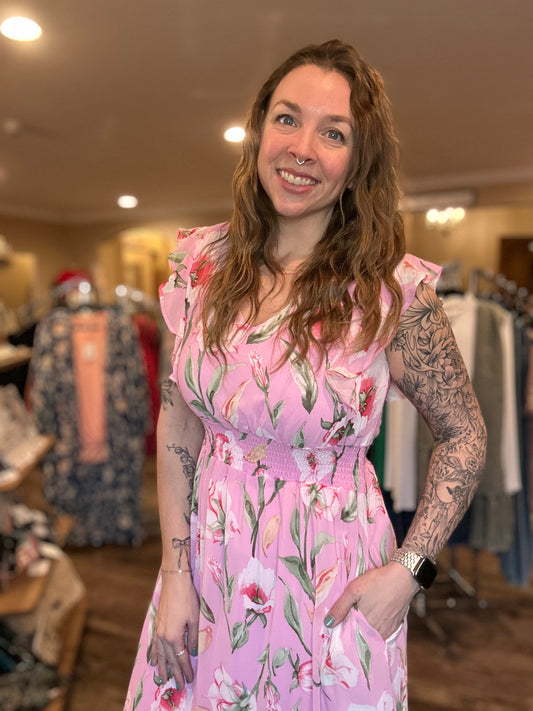 Pink Floral Pocketed Midi Dress