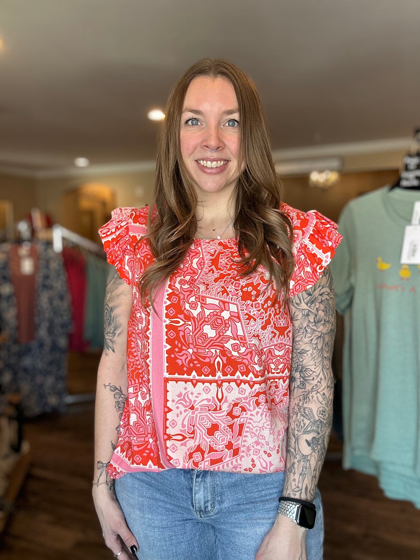 Floral Patchwork Ruffle Sleeve Blouse