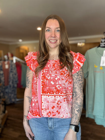 Floral Patchwork Ruffle Sleeve Blouse