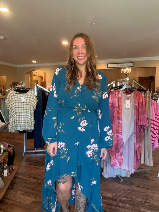 Teal Floral High-Low Dress