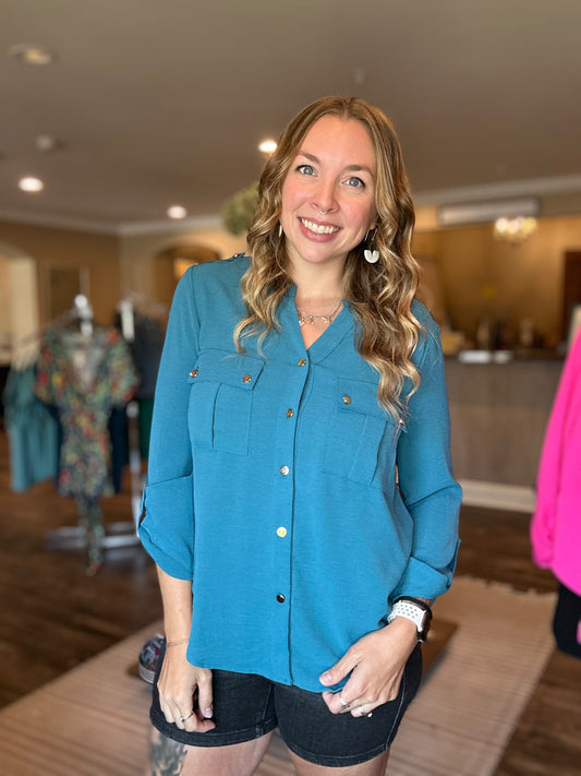 Teal 3/4 Sleeve Button Down Top