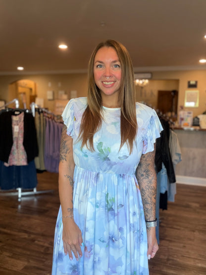 Blue Watercolor Floral Midi Dress