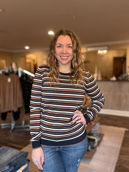 Navy & Rust Glitter Striped Sweater