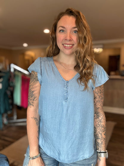 Chambray Ruffle Sleeve Button Blouse